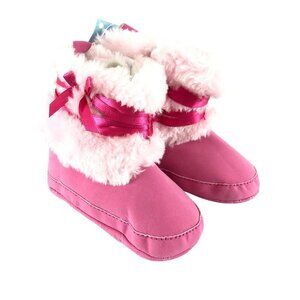 Baby Girls Boots Soft Sole Crib Shoes Slip On Faux Fur Bow Pink Size 0-6 Months